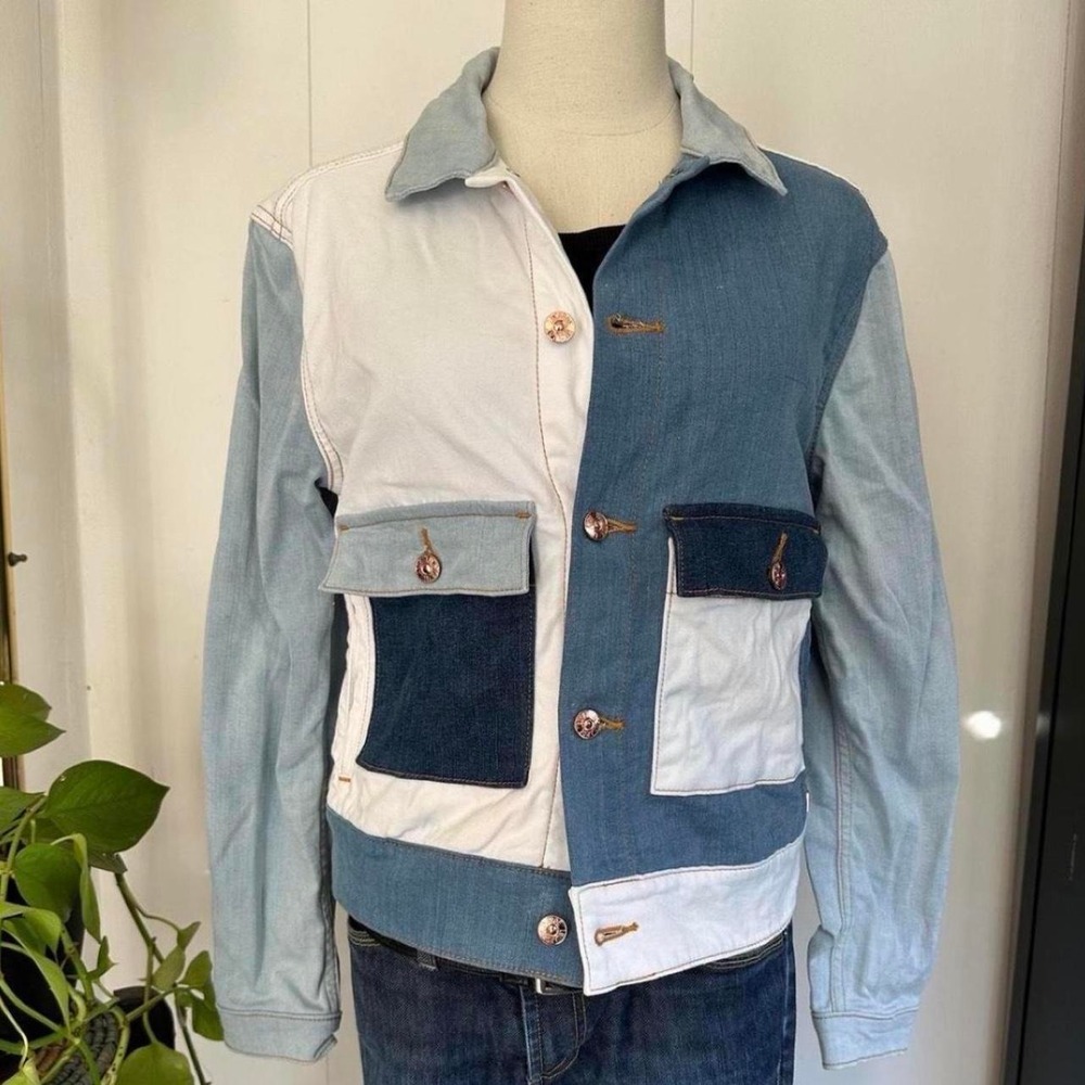 LuLaRoe Kenny Patchwork Denim Jacket Blue White Multi Color Small 90s Style